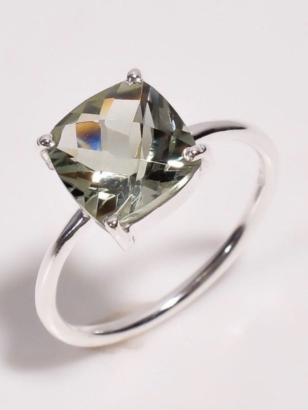 Natural Green Amethyst Cushion Ring, 925 Sterling Silver Minimalist Jewelry 8.5
